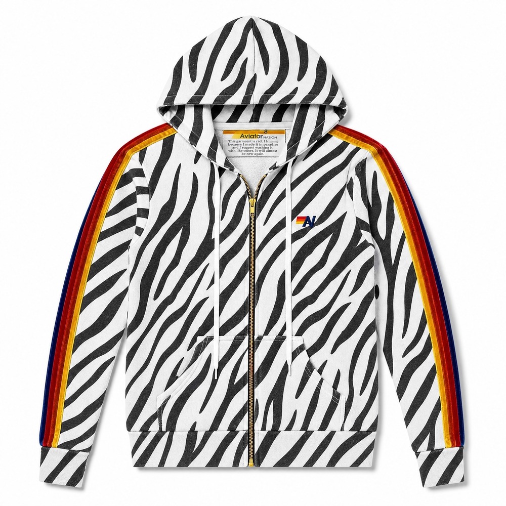 Aviator Nation Kids 8 Zebra Print Velor Rainbow Stripe Zip Hoodie White Black